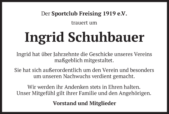 Todesanzeige von Ingrid Schuhbauer von merkurtz