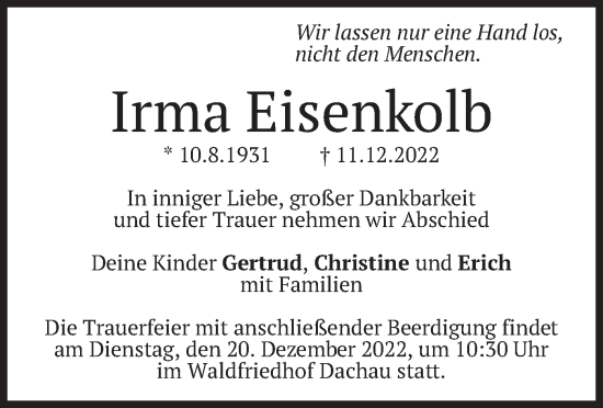 Todesanzeige von Irma Eisenkolb von merkurtz