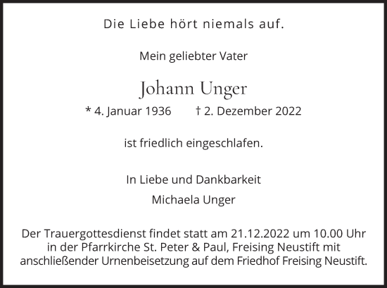 Todesanzeige von Johann Unger von merkurtz