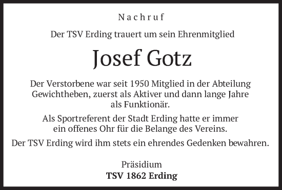 Todesanzeige von Josef Gotz von merkurtz