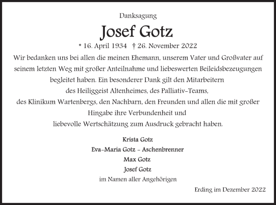 Todesanzeige von Josef Gotz von merkurtz