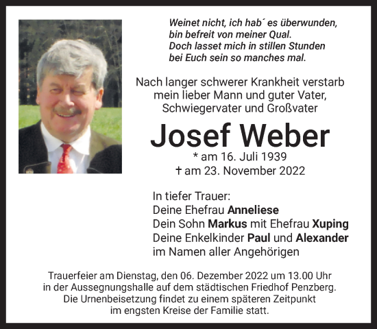 Todesanzeige von Josef Weber von Das Gelbe Blatt Penzberg