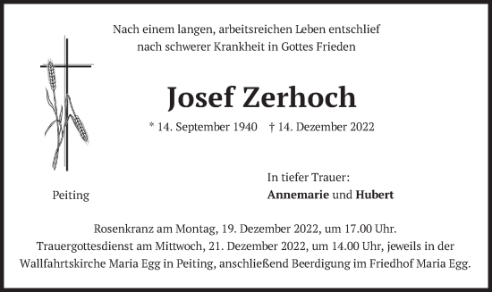 Todesanzeige von Josef Zerhoch von merkurtz