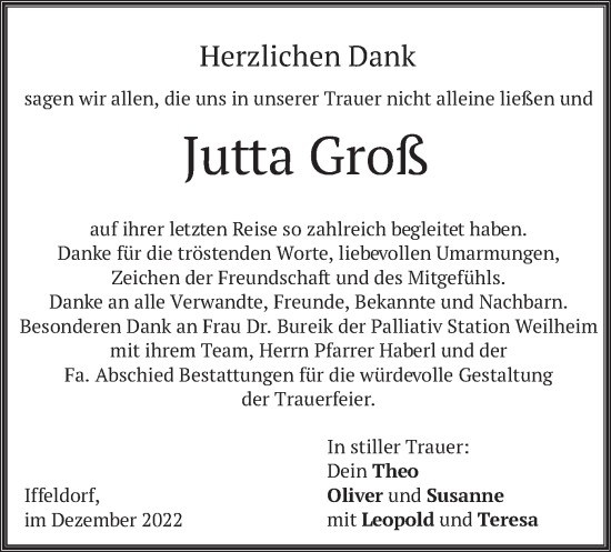 Todesanzeige von Jutta Groß von merkurtz