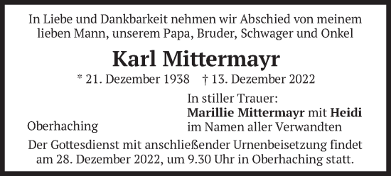 Todesanzeige von Karl Mittermayr von merkurtz