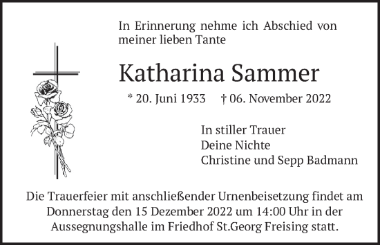 Todesanzeige von Katharina Sammer von merkurtz