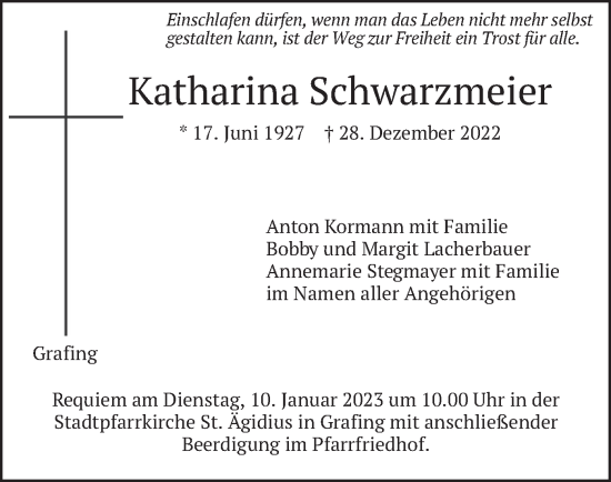 Todesanzeige von Katharina Schwarzmeier von merkurtz