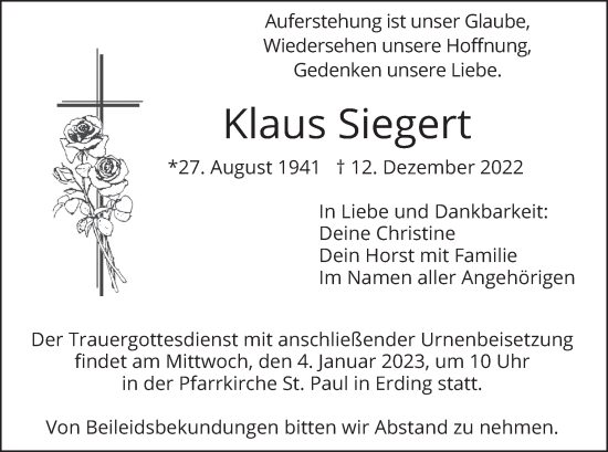 Todesanzeige von Klaus Siegert von merkurtz