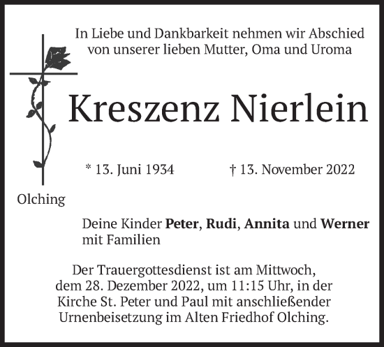 Todesanzeige von Kreszenz Nierlein von merkurtz