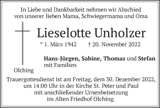 Todesanzeige von Lieselotte Unholzer von merkurtz