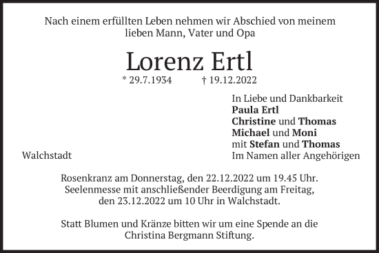 Todesanzeige von Lorenz Ertl von merkurtz