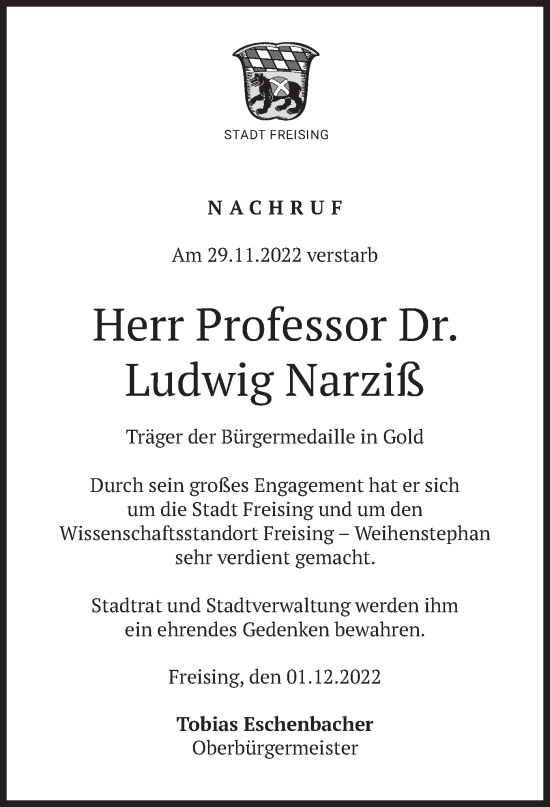 Todesanzeige von Ludwig Narziß von merkurtz