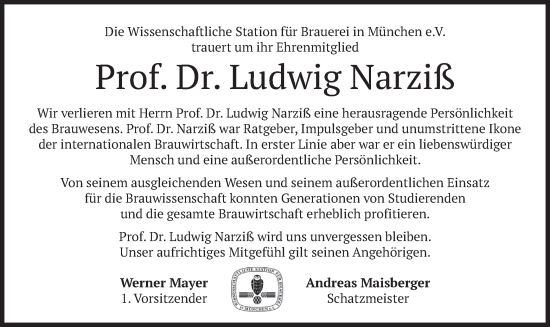 Todesanzeige von Ludwig Narziß von merkurtz