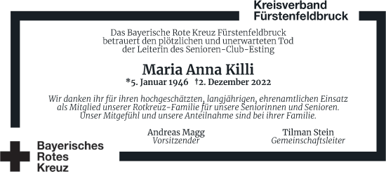 Todesanzeige von Maria Anna Killi von merkurtz