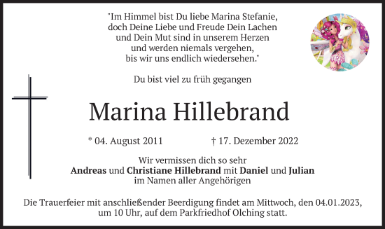 Todesanzeige von Marina Hillebrand von merkurtz
