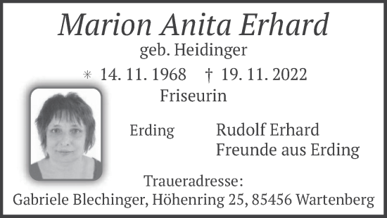 Todesanzeige von Marion Anita Erhard von merkurtz