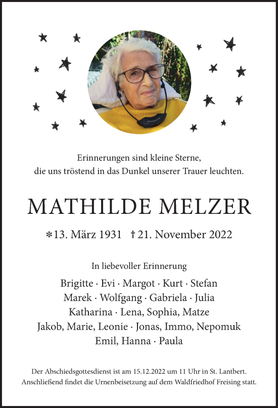 Todesanzeige von Mathilde Melzer von merkurtz