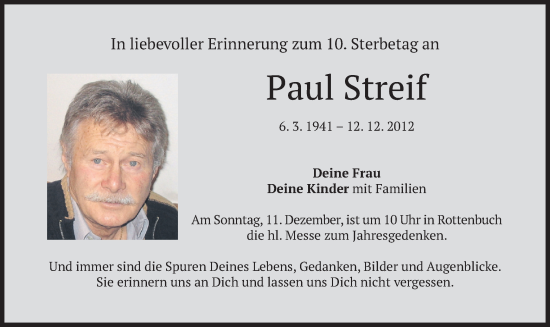 Todesanzeige von Paul Streif von merkurtz