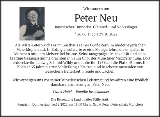 Todesanzeige von Peter Neu von merkurtz