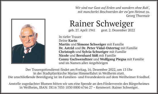 Todesanzeige von Rainer Schweiger von merkurtz