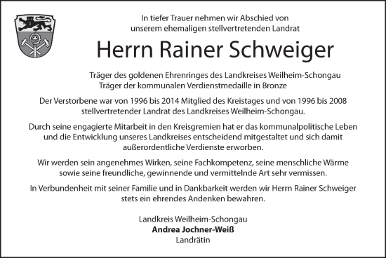 Todesanzeige von Rainer Schweiger von merkurtz