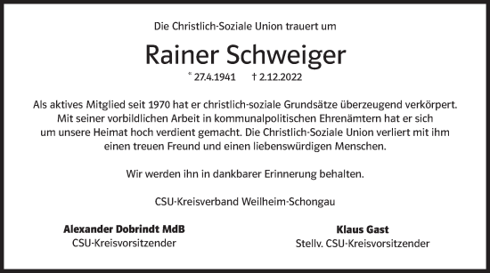 Todesanzeige von Rainer Schweiger von merkurtz