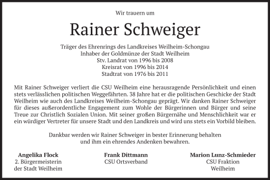Todesanzeige von Rainer Schweiger von merkurtz