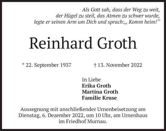 Todesanzeige von Reinhard Groth von merkurtz