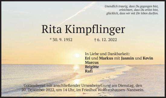 Todesanzeige von Rita Kimpflinger von merkurtz