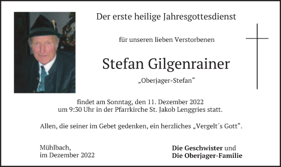 Todesanzeige von Stefan Gilgenrainer von merkurtz