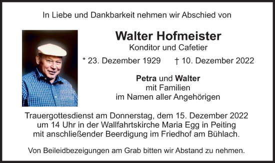 Todesanzeige von Walter Hofmeister von merkurtz