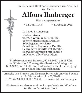 Todesanzeige von Alfons Ilmberger von merkurtz