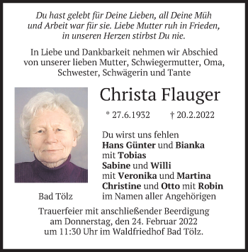 Todesanzeige von Christa Flauger von merkurtz