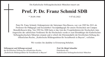 Todesanzeige von Franz Schmid von merkurtz
