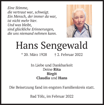 Todesanzeige von Hans Sengewald von merkurtz