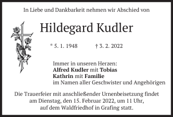 Todesanzeige von Hildegard Kudler von merkurtz