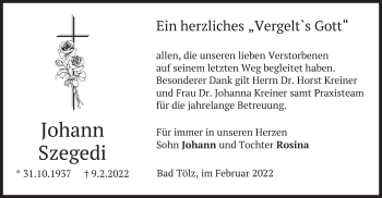 Todesanzeige von Johann Szegedi von merkurtz