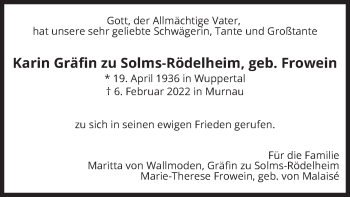 Todesanzeige von Karin Gräfin zu Solms-Rödelheim von merkurtz