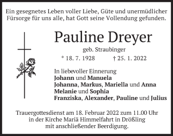 Todesanzeige von Pauline Dreyer von merkurtz