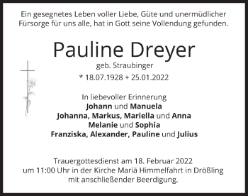 Todesanzeige von Pauline Dreyer von merkurtz