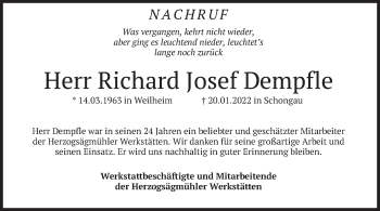 Todesanzeige von Richard Josef Dempfle von merkurtz