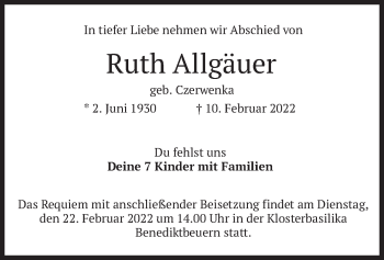Todesanzeige von Ruth Allgäuer von merkurtz