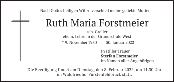 Todesanzeige von Ruth Maria Forstmeier von merkurtz