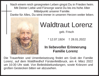 Todesanzeige von Waldtraut Lorenz von merkurtz