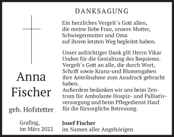 Todesanzeige von Anna Fischer von merkurtz