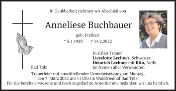 Todesanzeige von Anneliese Buchbauer von merkurtz