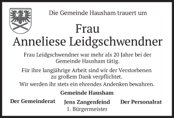 Todesanzeige von Anneliese Leidgschwendner von merkurtz