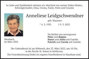 Todesanzeige von Anneliese Leidgschwendner von merkurtz