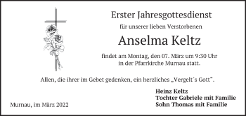 Todesanzeige von Anselma Keltz von merkurtz