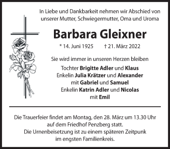 Todesanzeige von Barbara Gleixner von Das Gelbe Blatt Penzberg